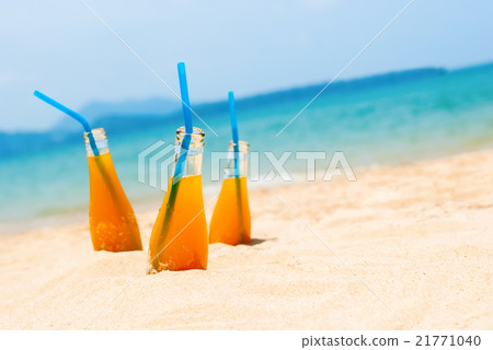 Three Orange Juice Bottles Sea Background Summer 21771040