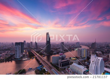 Aerial view in town Bangkok river curved Aerial view in town Bangkok river curved 21781137