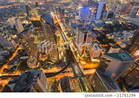 Arial view city downtown with train station 21781294