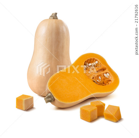 Butternut pumpkin whole half pieces isolated 21792616
