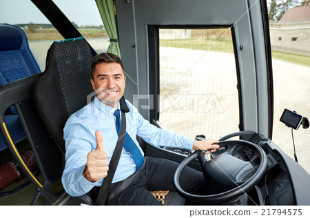 happy driver driving bus and snowing thumbs up happy driver driving bus and snowing thumbs up 21794575
