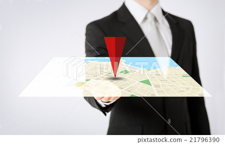 close up of man hand showing gps navigator map close up of man hand showing gps navigator map 21796390