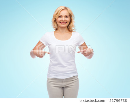smiling woman in white t-shirt pointing to herself 21796788
