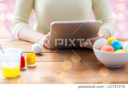 close up of woman with tablet pc and easter eggs close up of woman with tablet pc and easter eggs 21797274