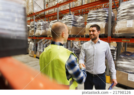 worker and businessmen with clipboard at warehouse worker and businessmen with clipboard at warehouse 21798126