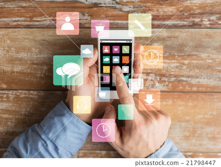 close up of male hands with smartphone on table close up of male hands with smartphone on table 21798447