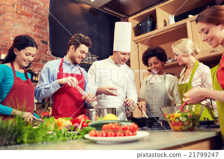 happy friends and chef cook cooking in kitchen happy friends and chef cook cooking in kitchen 21799247