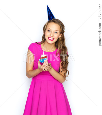 happy woman or teen girl with birthday cupcake 21799262