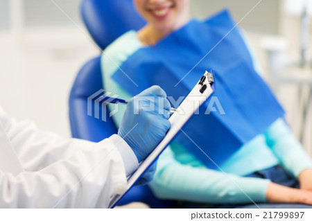 close up of dentist with clipboard and patient close up of dentist with clipboard and patient 21799897