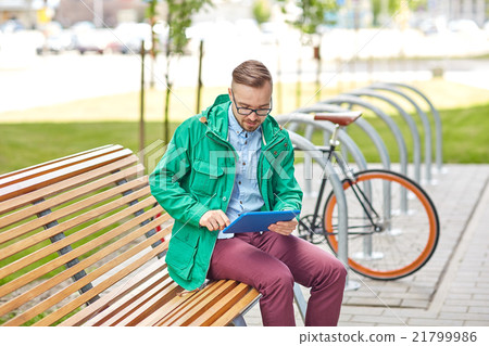happy young hipster man with tablet pc and bike happy young hipster man with tablet pc and bike 21799986