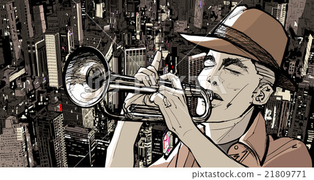 trumpeter over a cityscape background 21809771