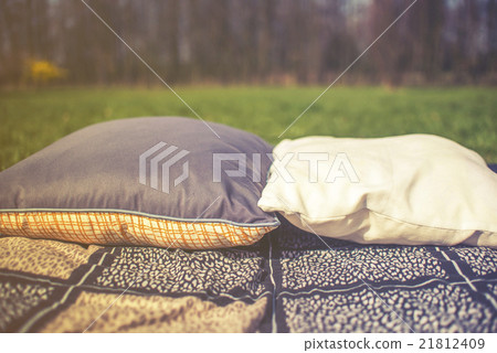 picnic blanket with pillow on the grass field picnic blanket with pillow on the grass field 21812409