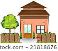 House with green yard, wooden fence, illustration 21818876