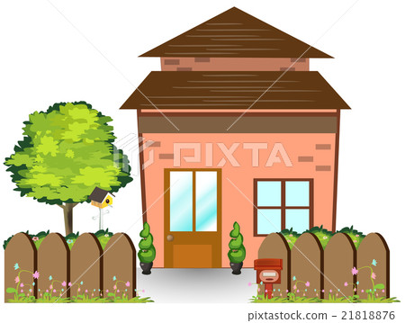 House with green yard, wooden fence, illustration 21818876