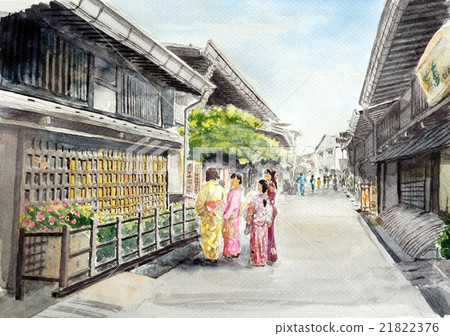 描繪女子在飛驒高山散步的水彩畫。 21822376