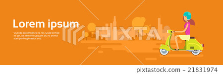 Girl Ride Moped Motorcycle Wearing Helmet 21831974