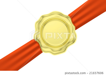 Gold wax seal on diagonal red ribbon isolated Gold wax seal on diagonal red ribbon isolated 21837606