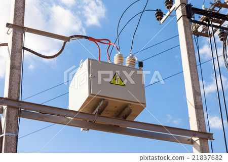 Transformer on high power station against blue sky 21837682