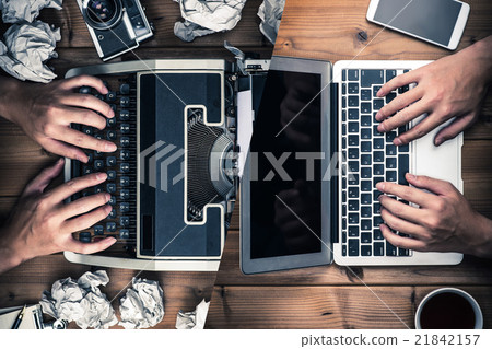 Typewriters and laptops, past and present, analog and digital, era, comparison 21842157