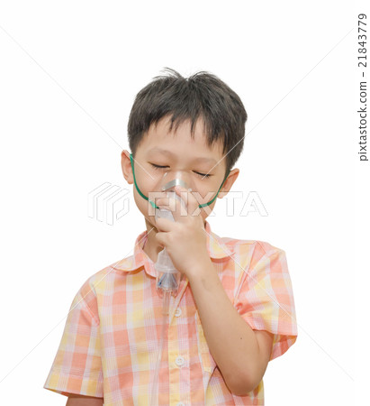 little boy with asthma using oxygen mask on white little boy with asthma using oxygen mask on white 21843779