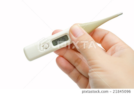 Hand holding electronic thermometer on white Hand holding electronic thermometer on white 21845096