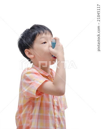 Sick boy using inhaler for asthma on white Sick boy using inhaler for asthma on white 21845117