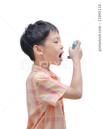 Sick boy using inhaler for asthma on white Sick boy using inhaler for asthma on white 21845118