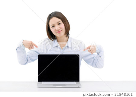 A young lady showing a laptop screen on a white table 21848161
