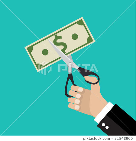 Hand cutting money bill in half with scissors.  21848900