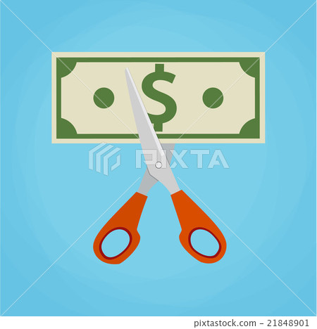 Scissors cutting money bill. Scissors cutting money bill. 21848901