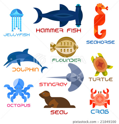 Marine animals colorful icons in flat style 21849100