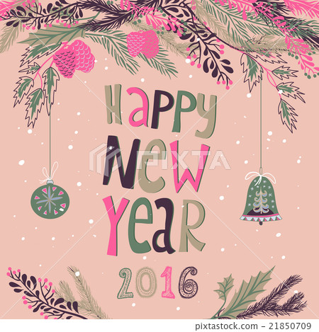 Happy new year 2016 card with branch, balls. Happy new year 2016 card with branch, balls. 21850709