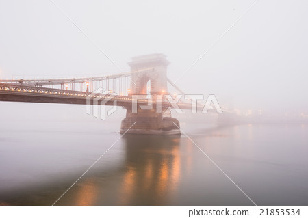 Chain Bridge in Budapest, Hungary, the fog Chain Bridge in Budapest, Hungary, the fog 21853534