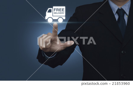Businessman pressing free delivery truck icon Businessman pressing free delivery truck icon 21853960