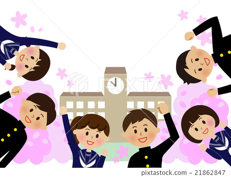 Guts pose students Cherry blossom school building 21862847