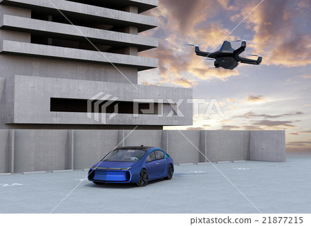 A blue car that was stealed to the stealth drone in the parking lot. Concept of privacy security 21877215