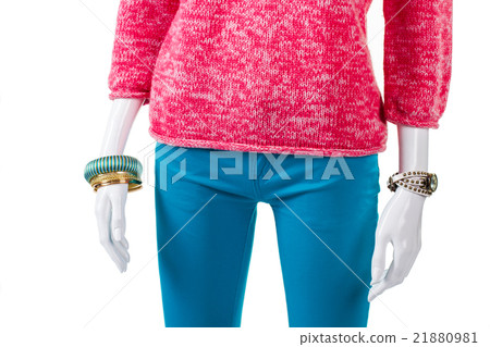 Turquoise trousers with pink pullover. Turquoise trousers with pink pullover. 21880981