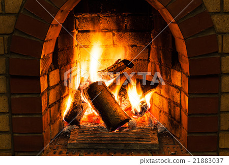 burning wooden logs in fire-box of fireplace burning wooden logs in fire-box of fireplace 21883037