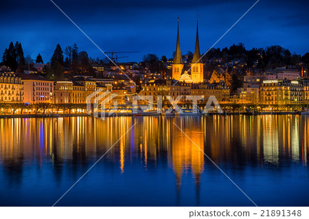 Lucerne nighttime cityscape, St. Leodegar church Lucerne nighttime cityscape, St. Leodegar church 21891348