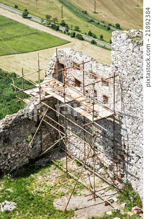 Plavecky castle in Slovakia, ruins with scaffolding, travel dest Plavecky castle in Slovakia, ruins with scaffolding, travel dest 21892384