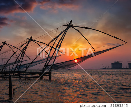 Chinese fishnets on sunset. Kochi, Kerala, India 21895245