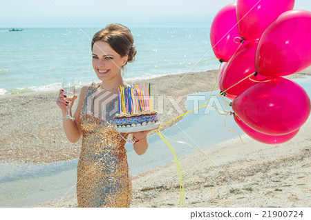 woman with balloons on the sea woman with balloons on the sea 21900724