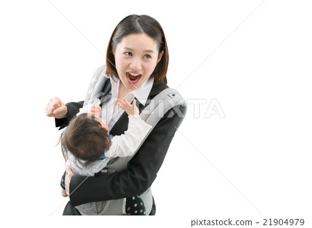 A young mother in the business suits running with an infant 21904979