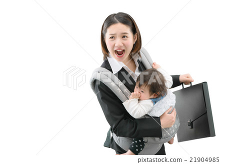 A young mother in the business suits running with an infant 21904985