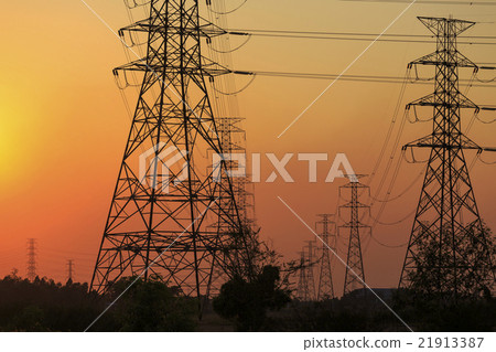 Transmission line tower and sunset 21913387