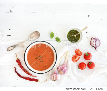 Gazpacho soup in rustic metal bowl with fresh Gazpacho soup in rustic metal bowl with fresh 21914280