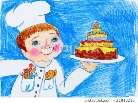 cook and cake, child drawing on paper, birthday cook and cake, child drawing on paper, birthday 21916286