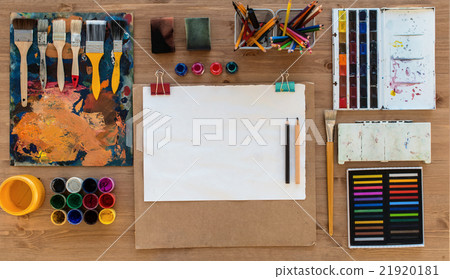 Painter workplace top view photo. Artist Painter workplace top view photo. Artist 21920181