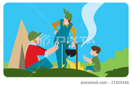 Family of tourist preparing a meal outdoors 21920388