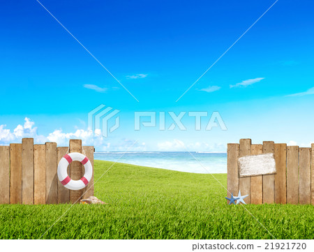 Grass Yard Buoy Fence Sea Ocean Sky Shell Field Concept 21921720